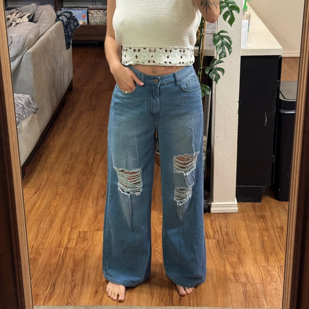SHEIN Blue Wide Leg Distressed Jeans